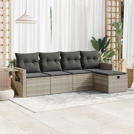 Sofasæt 5 dele med hynder polyrattan lysegrå