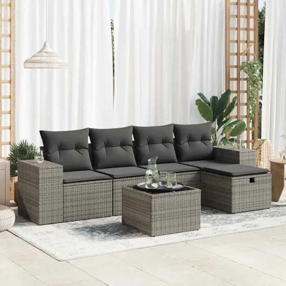 vidaXL 6-deligt havesofasæt med hynder i polyrattan grå