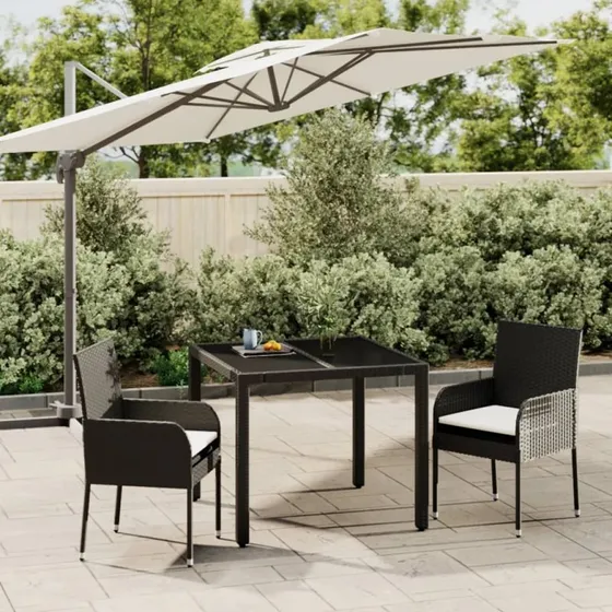 vidaXL 3-deligt spisebordssæt med hynder, polyrattan sort, 90 cm