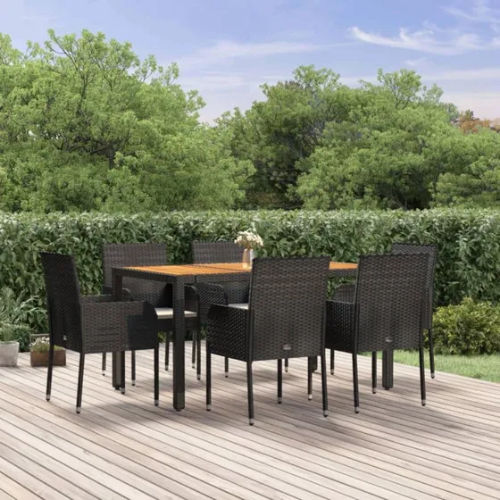 vidaXL 7-deligt spisebordssæt med polyrattan, sort, 150 cm