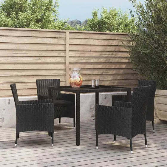vidaXL 5-deligt spisebordssæt med hynder, sort polyrattan