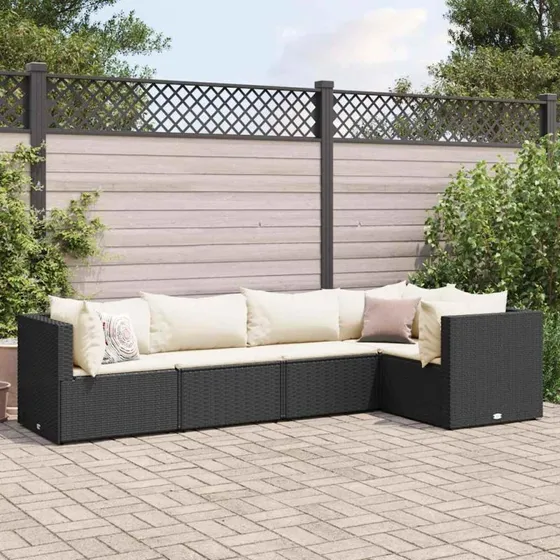 vidaXL 5-deligt loungesæt med hynder i polyrattan, sort