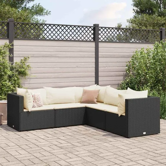 vidaXL 5-deligt loungesæt med hynder i polyrattan, sort