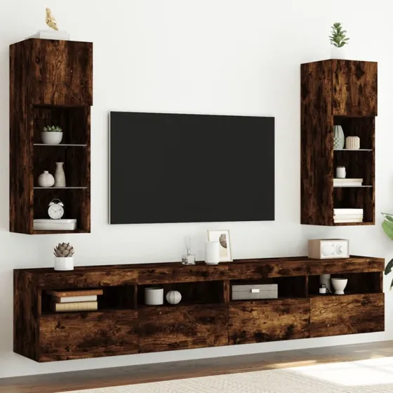 vidaXL tv-bord røget egetræsfarve 30,5x30x90 cm med LED-lys (2 stk)