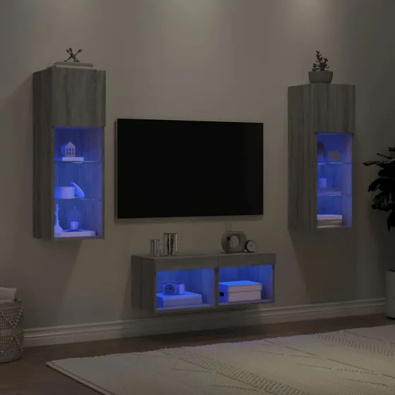 vidaXL TV-møbel til væg med LED-lys, grå Sonoma-eg, 4 dele