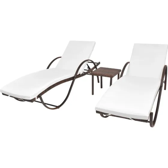 vidaXL Liggestole 2 stk. med bord polyrattan brun