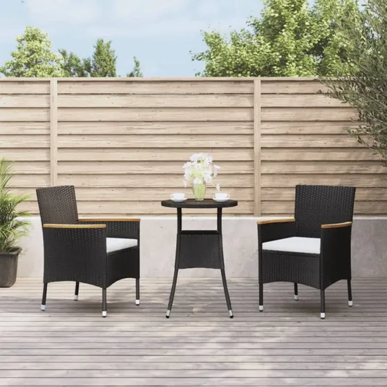 vidaXL Bistrosæt 3 dele med hynder polyrattan sort
