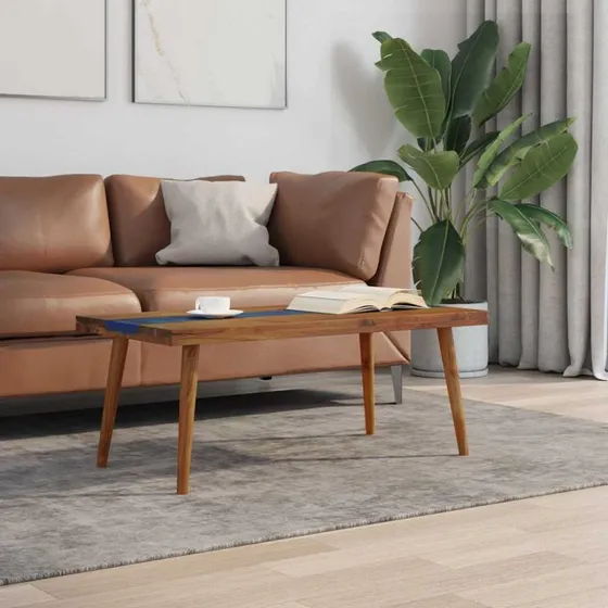 vidaXL Sofabord i Teaktræ og Blå Resin, 100 x 50 x 40 cm