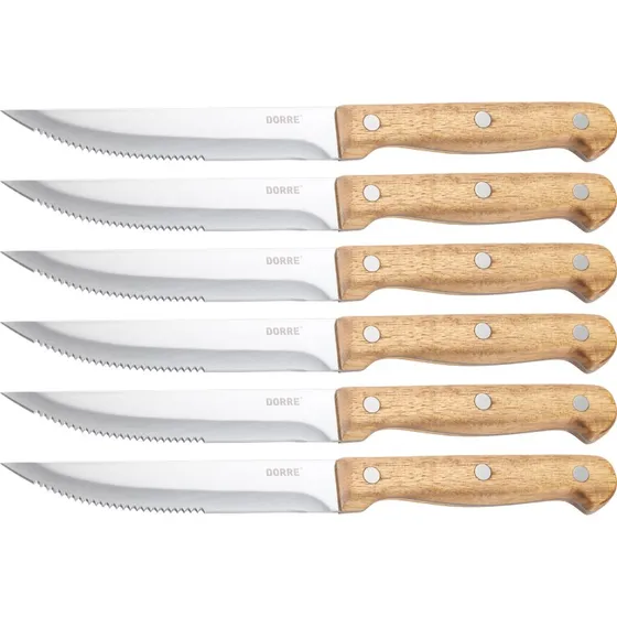 Dorre BBQ Steakkniv, 6 stk., rustfrit stål, akacietræ