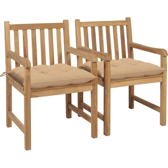 vidaXL Havestole 2 stk. med beige hynder, massivt teaktræ