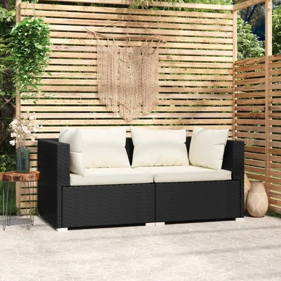 vidaXL 2-personers sofa med hynder sort polyrattan