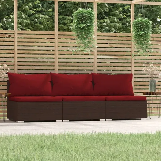 vidaXL 3-personers sofa med hynder polyrattan brun