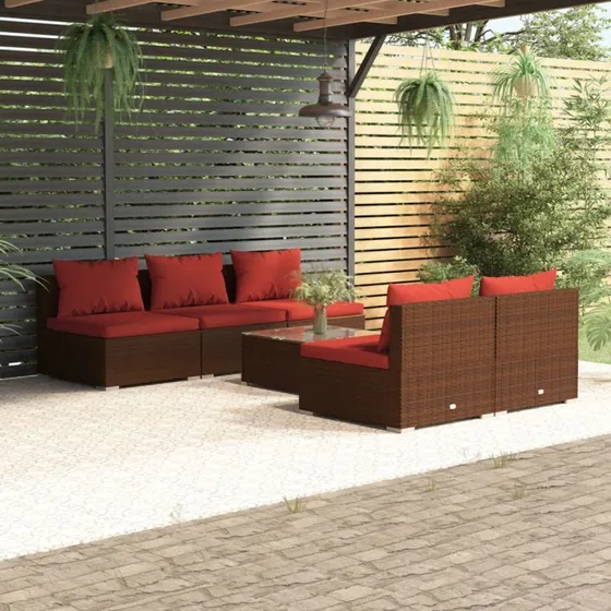 vidaXL 6-delssæt polyrattan brun med hynder