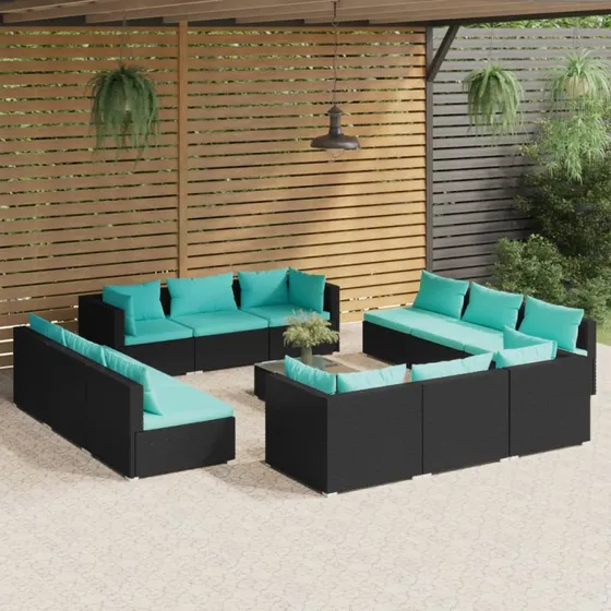 vidaXL 13-deligt loungesæt med hynder i polyrattan, sort