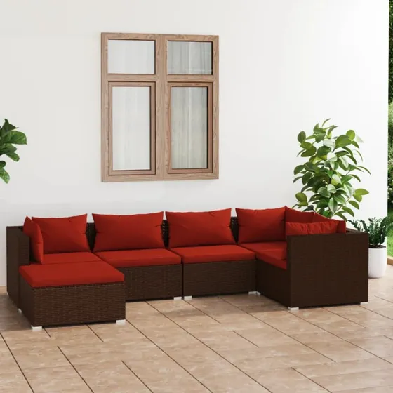 vidaXL 6-del loungesæt med hynder i polyrattan brun