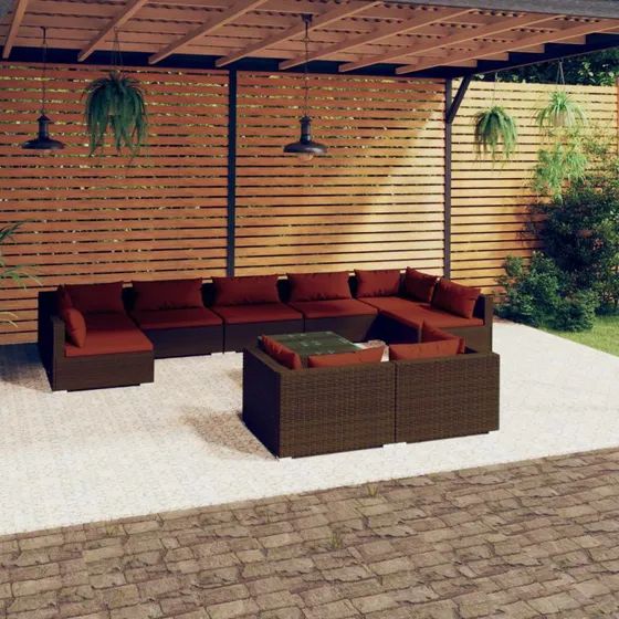 vidaXL 10-deles loungesæt med hynder i brun polyrattan