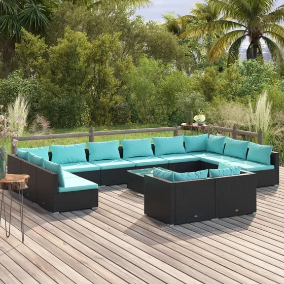 vidaXL 13-deligt loungesæt med polyrattan og hynder, sort