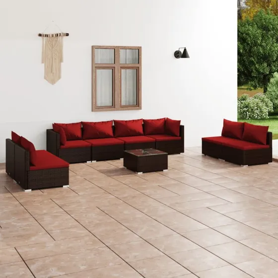 vidaXL 9-deligt loungesæt med hynder, polyrattan brun