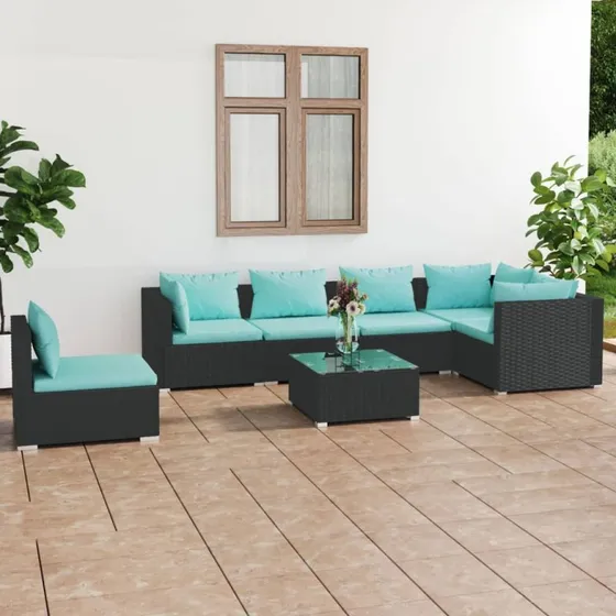 vidaXL 7-delers loungesæt med hynder, polyrattan sort
