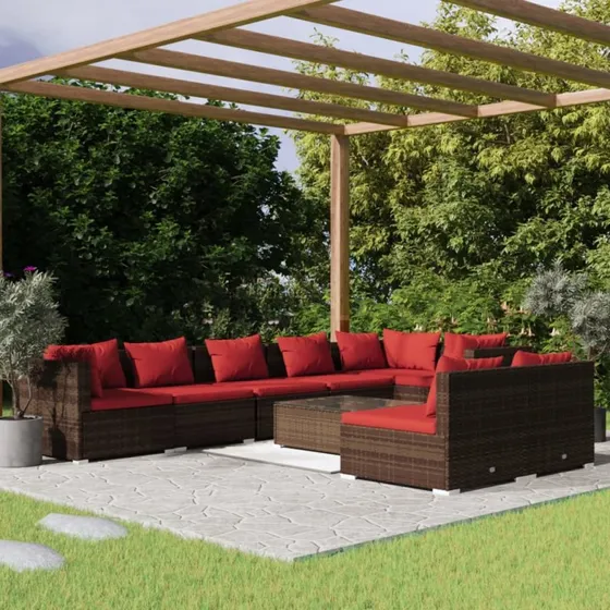 vidaXL 9-deles loungesæt med hynder i polyrattan brun