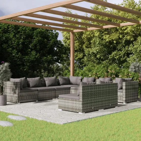 vidaXL 9-del. loungesæt med hynder i grå polyrattan
