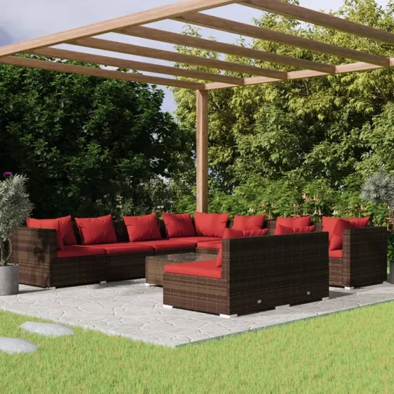 vidaXL 10-deligt loungesæt med hynder i polyrattan brun