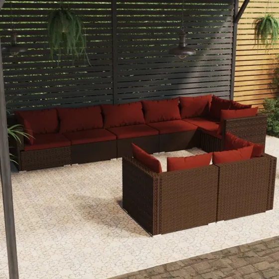 vidaXL 8-deles loungesæt med hynder i polyrattan brun
