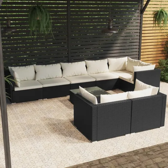 vidaXL 9-deligt loungesæt med hynder i polyrattan, sort