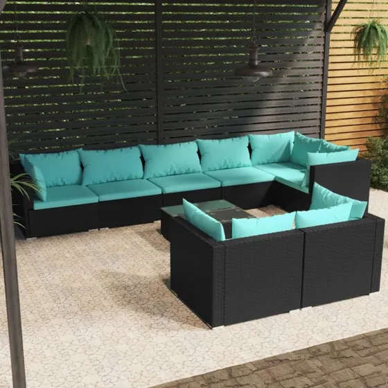 vidaXL 9-deligt loungesæt med polyrattan og hynder, sort