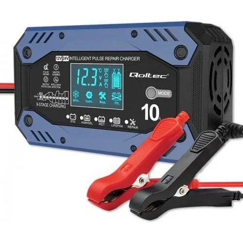 Qoltec 52482 Batterioplader 12/24 V, sort/blå, 10 A