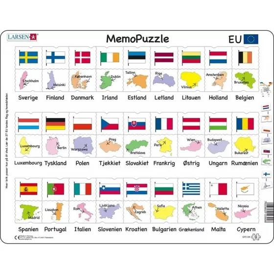 Larsen Puzzles MemoPuzzle: Navn, Flag og Hovedstad – 54 Brikker (36,5x28,5 cm)