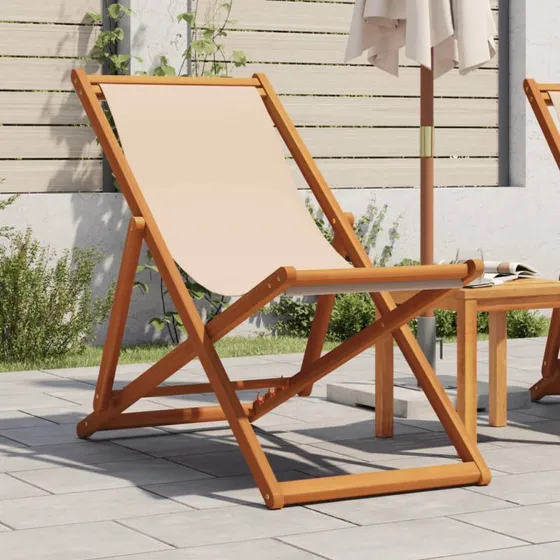 vidaXL Foldbar Strandstol i Eukalyptustræ og Beige Stof