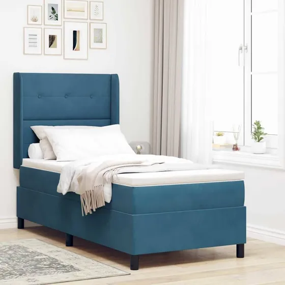 vidaXL Box spring seng med hovedgærde, blå, 90 x 190 cm, fløjl