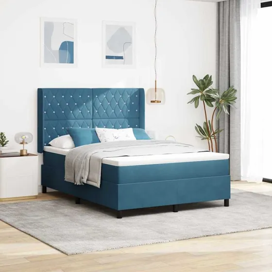 vidaXL Boxspring Seng med LED-lysstrimler Blå 140x190 cm Fløjl