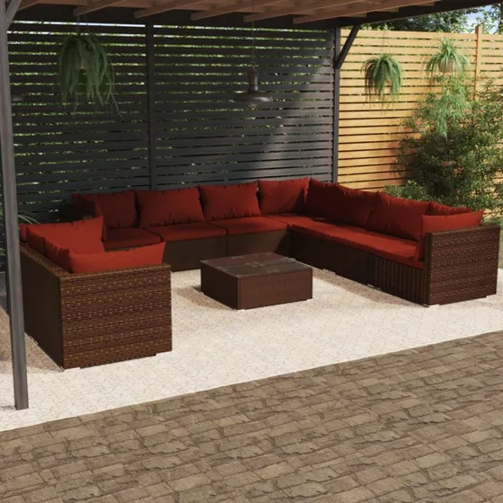 vidaXL 10-deligt loungesæt med hynder i polyrattan brun