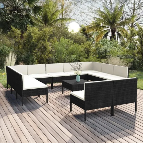 vidaXL 12-deligt loungesæt med polyrattan og hynder, sort