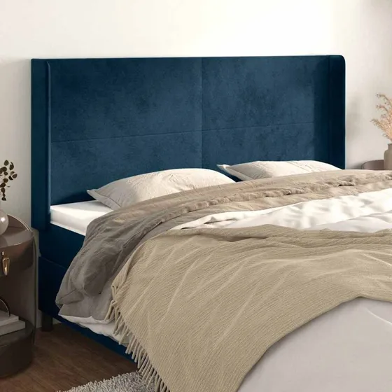 vidaXL Sengegavl med Kanter 163x16x118/128 cm, Mørkeblå, Fløjl