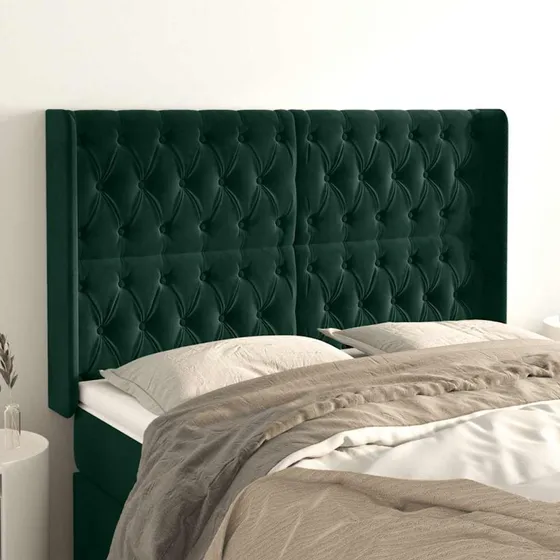 vidaXL Sengegavl med Kanter 147x16x118/128 cm, Fløjl, Mørkegrøn