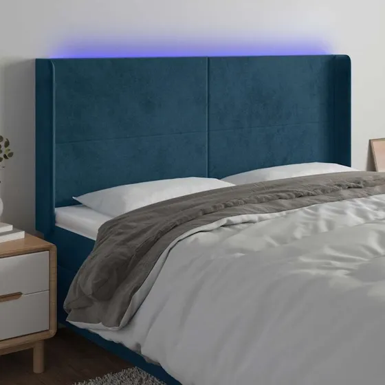 vidaXL Sengegavl med LED-lys 183x16x118/128 cm, mørkeblå fløjl