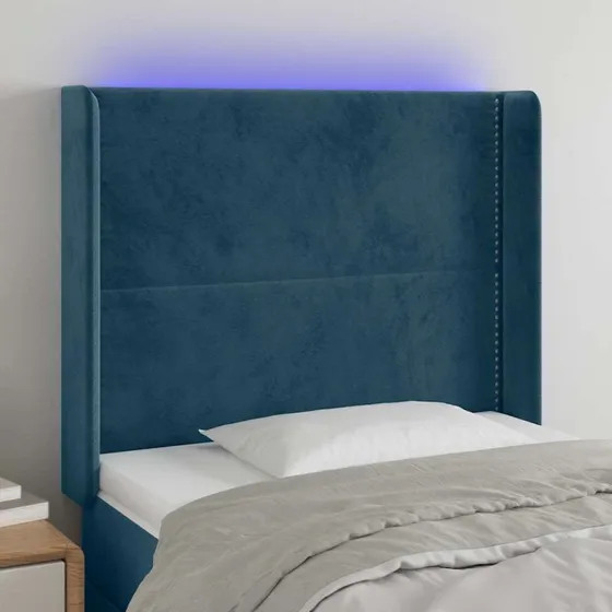 vidaXL Sengegavl med LED-lys 103x16x118/128 cm mørkeblå fløjl