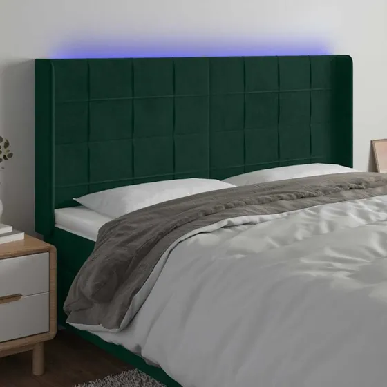 vidaXL Sengegavl med LED-lys 183x16x118/128 cm, fløjl, mørkegrøn