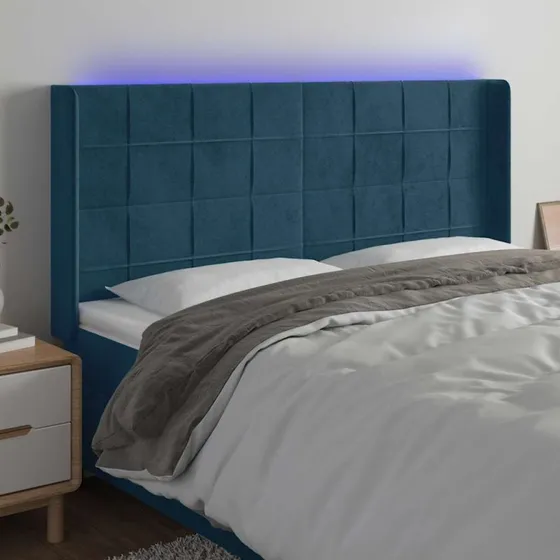 vidaXL Sengegavl med LED-lys 163x16x118/128 cm, mørkeblå fløjl