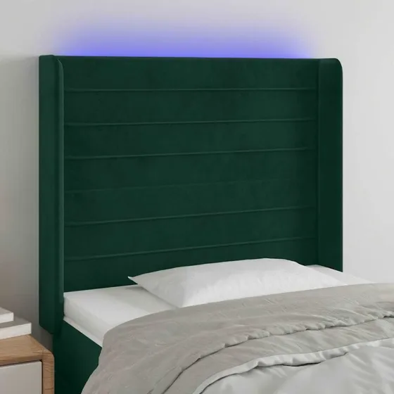 vidaXL Sengegavl med LED-lys 103x16x118/128 cm, fløjl, mørkegrøn