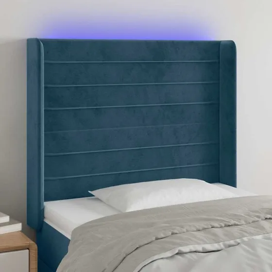 vidaXL Sengegavl med LED-lys 103x16x118/128 cm, fløjl, mørkeblå