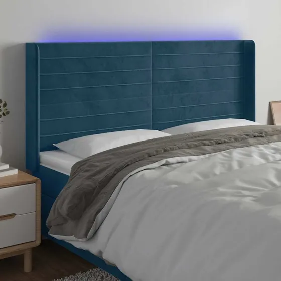 vidaXL Sengegavl med LED-lys 163x16x118/128 cm, fløjl, mørkeblå