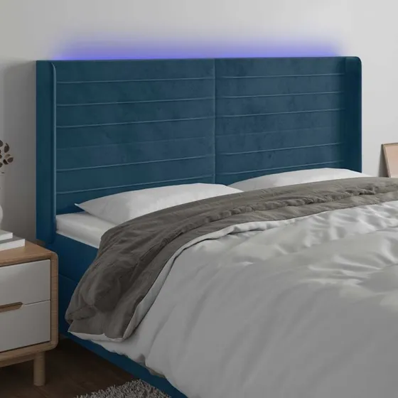 vidaXL sengegavl med LED-lys 183x16x118/128 cm mørkeblå fløjl