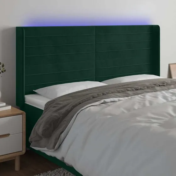 vidaXL Sengegavl med LED-lys 203x16x118/128 cm fløjl mørkegrøn