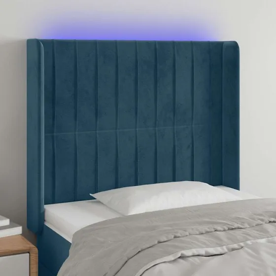 vidaXL Sengegavl med LED-lys 83x16x118/128 cm, fløjl, mørkeblå