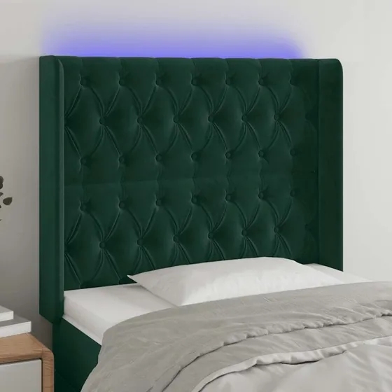 vidaXL Sengegavl med LED-lys 103x16x118/128 cm, fløjl, mørkegrøn