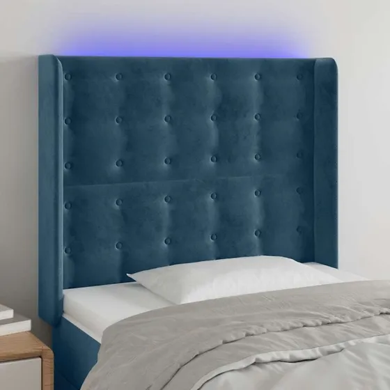 vidaXL Sengegavl med LED-lys 93x16x118/128 cm, mørkeblå fløjl